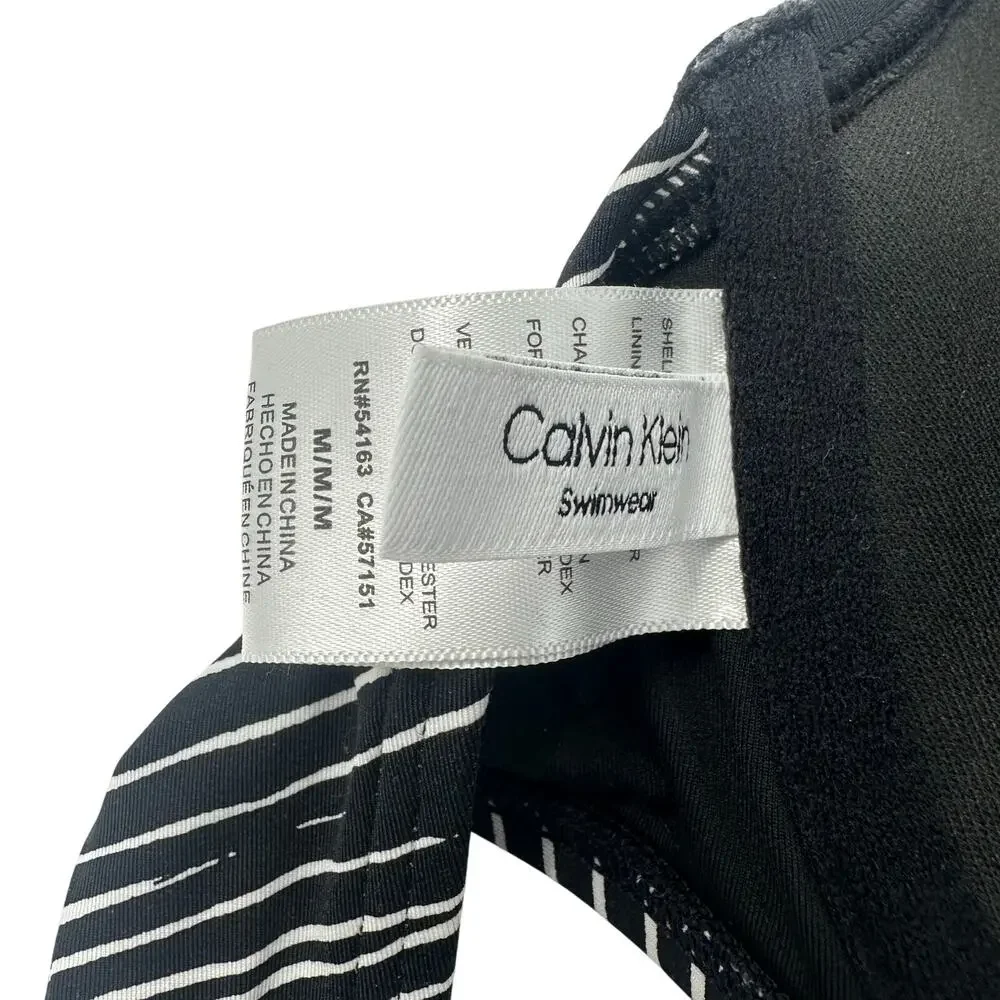 Calvin Klein Size M Tie Strap Swimsuit Top Black White Palm Leaf Print Beachwear